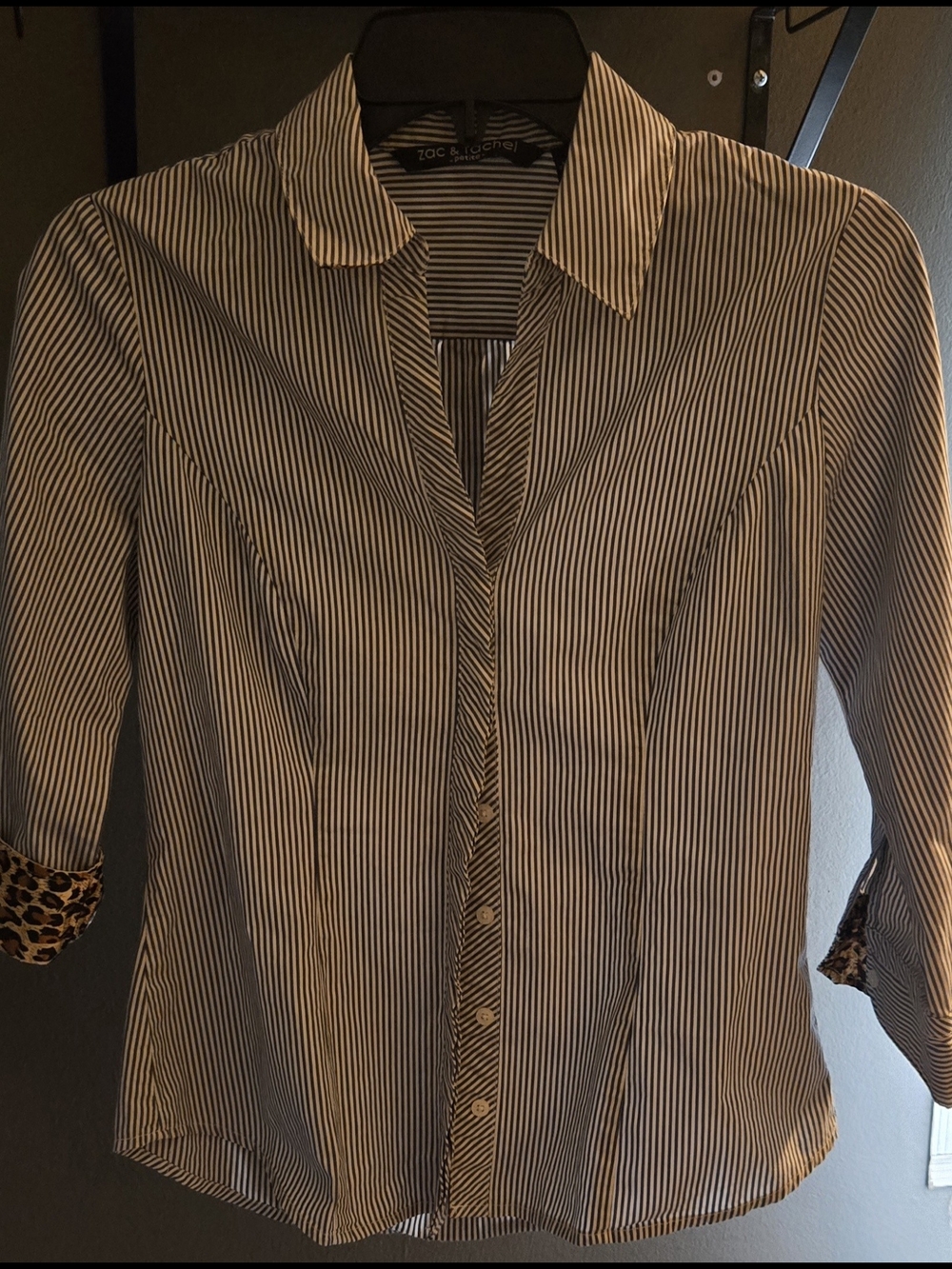 Zac & Rachel Petites Sm. Navy Blue & White Striped Button-Up Blouse